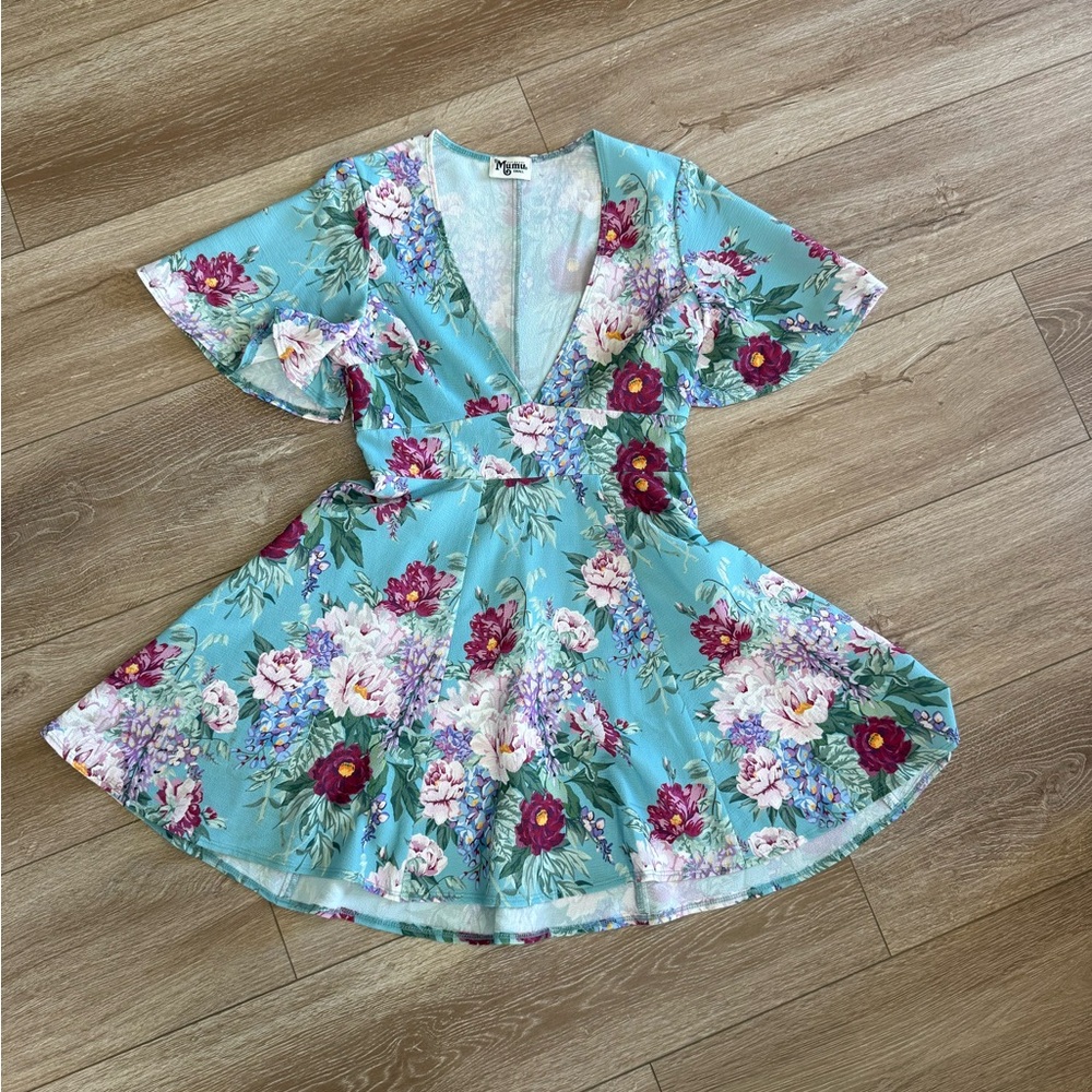 Show Me Your MuMu Floral Mini Dress in Blue and Pink